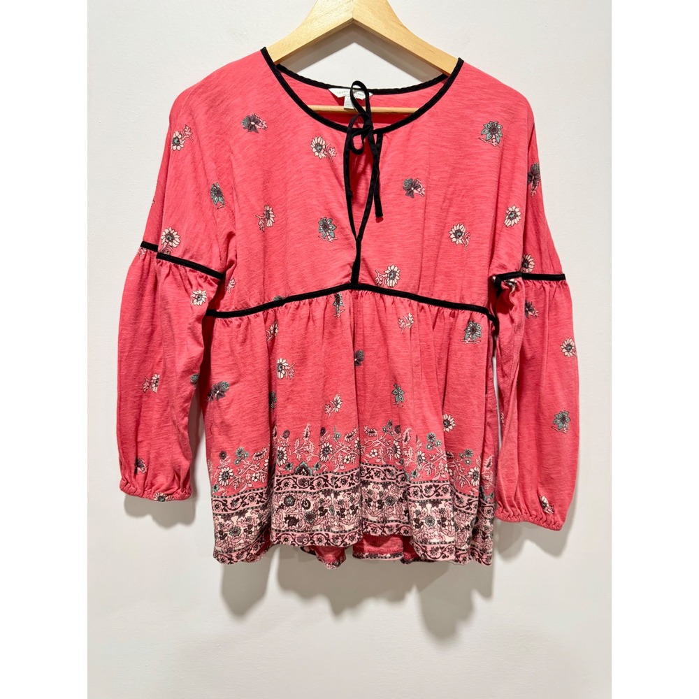 Lucky Brand Womens Pink Floral Border Print Peasant Blouse Long Sleeve Top L - Picture 1 of 7